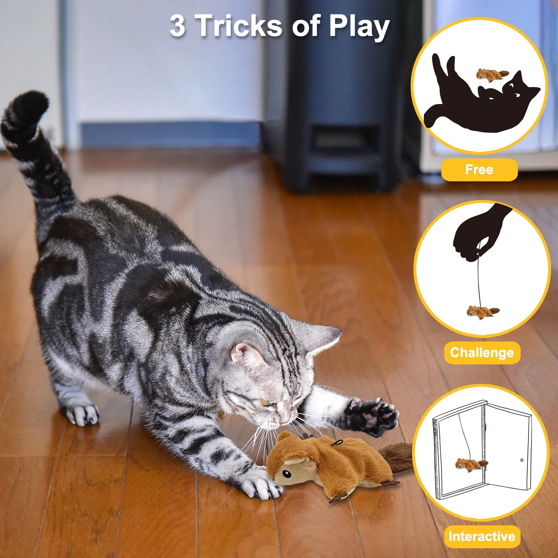 Interactive Cat Toys Flapping Squirrel for Indoor Cats Rechargeable Cat Toy Vivid Chirping, Automatic Beating Wings Kitty Toys with Catnip for Kitten Exercise, Hanging Toys Self Play