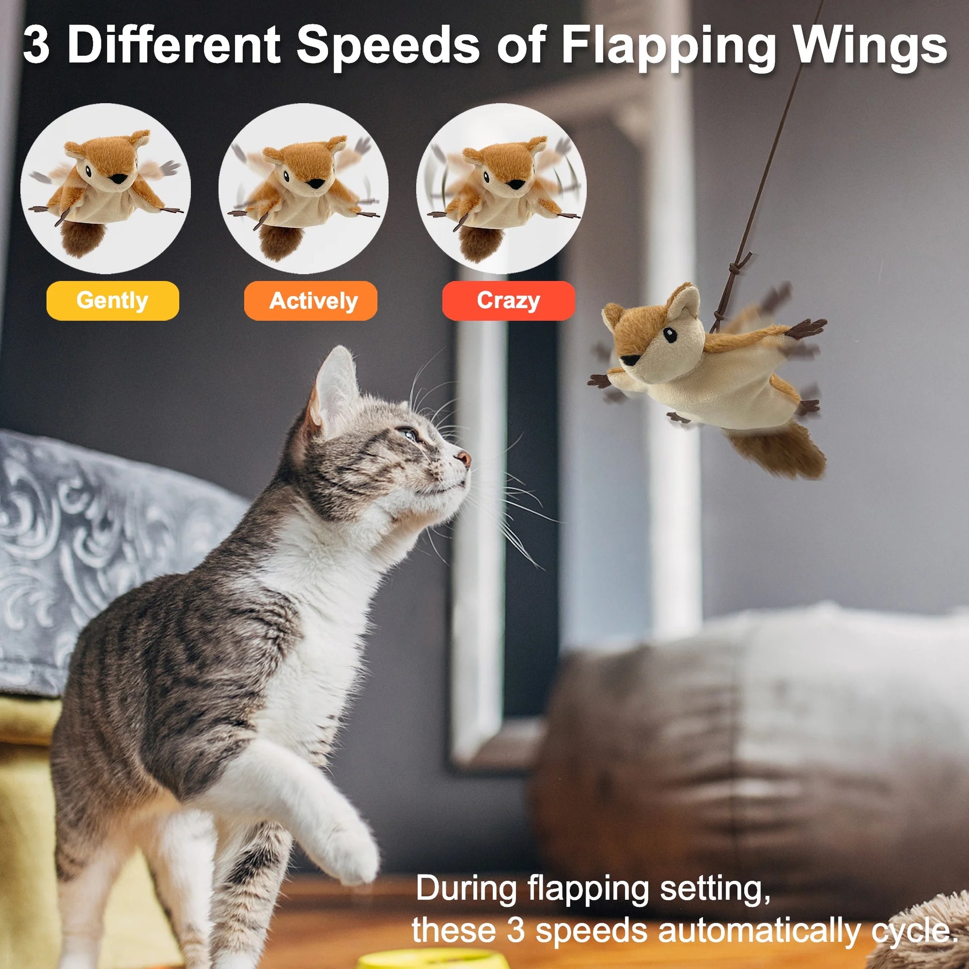 Interactive Cat Toys Flapping Squirrel for Indoor Cats Rechargeable Cat Toy Vivid Chirping, Automatic Beating Wings Kitty Toys with Catnip for Kitten Exercise, Hanging Toys Self Play
